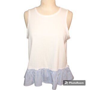 J CREW Womens Blue White Striped Ruffle Hem Tank Top Sz M Preppy Beachy Babydoll